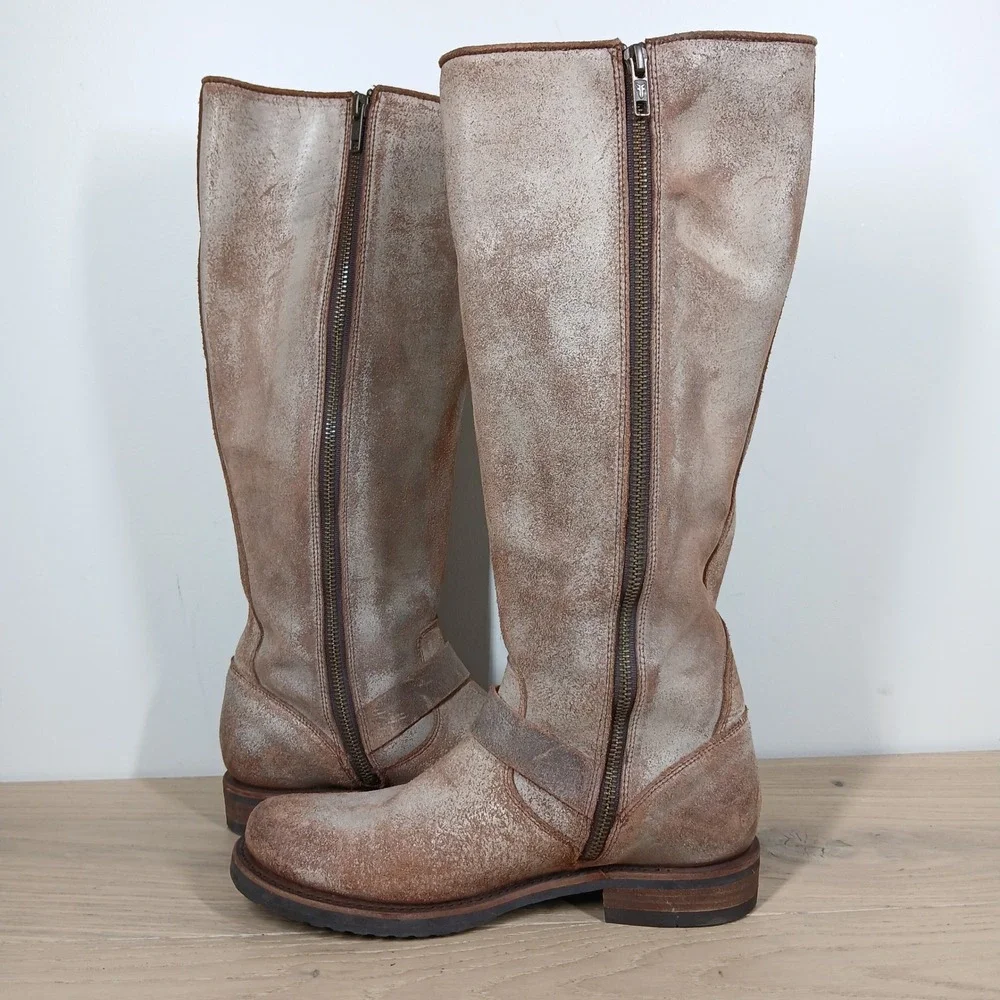 Frye Boots Women 8.5 Beige Leather Knee High Harness Buckle Moto Boho Western